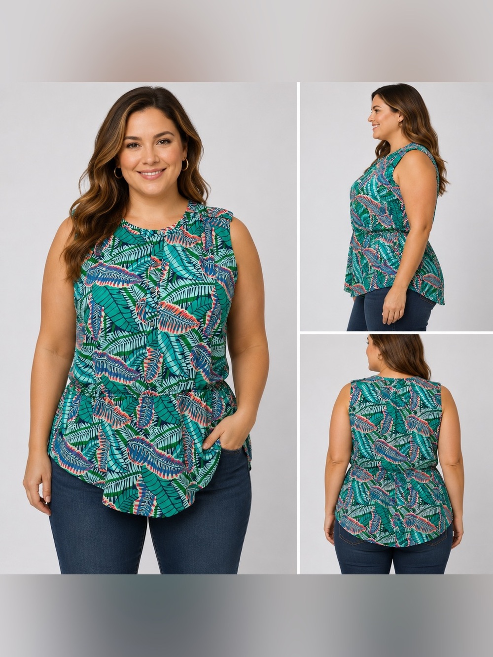 Liz Claiborne XL Tropical Leaf Sleeveless Peplum Top